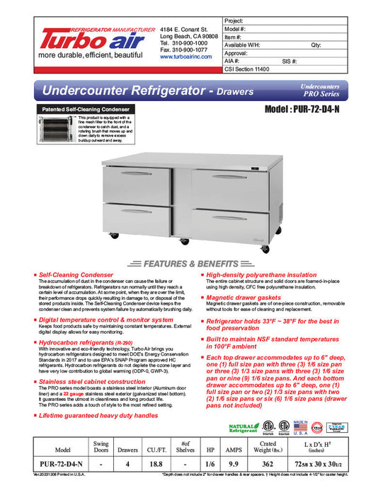 Turbo Air PUR-72-D4-N 72 5/8" W Undercounter Refrigerator w/ 2 Sections & 4 Drawers - Donut-Equipment.com
