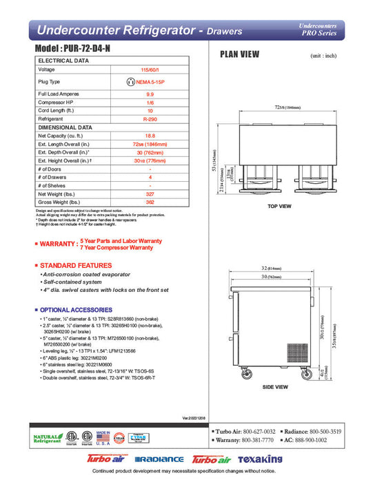 Turbo Air PUR-72-D4-N 72 5/8" W Undercounter Refrigerator w/ 2 Sections & 4 Drawers - Donut-Equipment.com