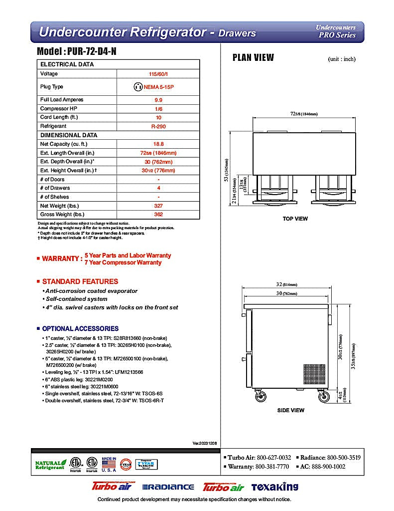 Turbo Air PUR-72-D4-N 72 5/8" W Undercounter Refrigerator w/ 2 Sections & 4 Drawers - Donut-Equipment.com