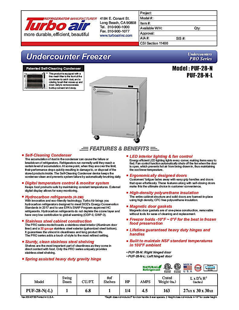 Turbo Air PUF-28-N 27 1/2" W Undercounter Freezer w/ 1 Section & 1 Door - Donut-Equipment.com