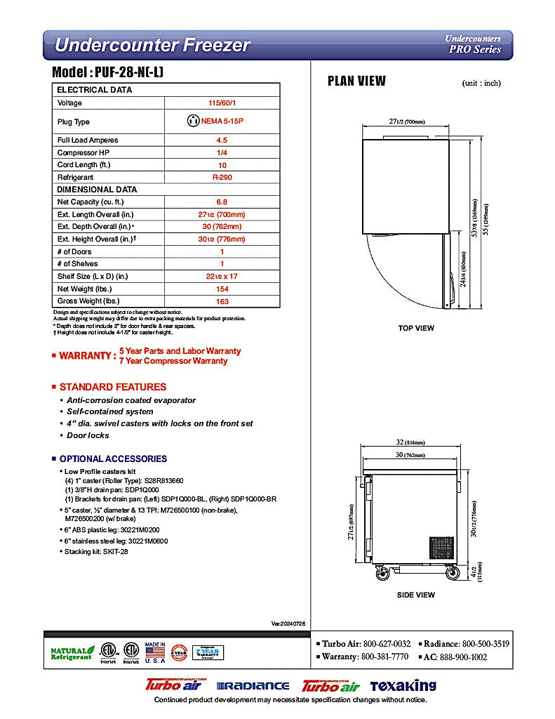 Turbo Air PUF-28-N 27 1/2" W Undercounter Freezer w/ 1 Section & 1 Door - Donut-Equipment.com