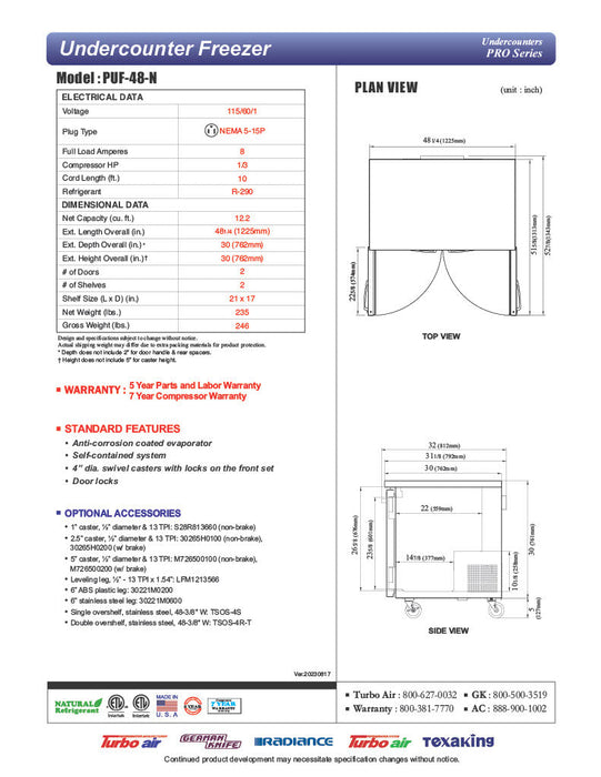 Turbo Air PUF-48-N 48 1/4" W Undercounter Freezer w/ 2 Sections & 2 Doors - Donut-Equipment.com