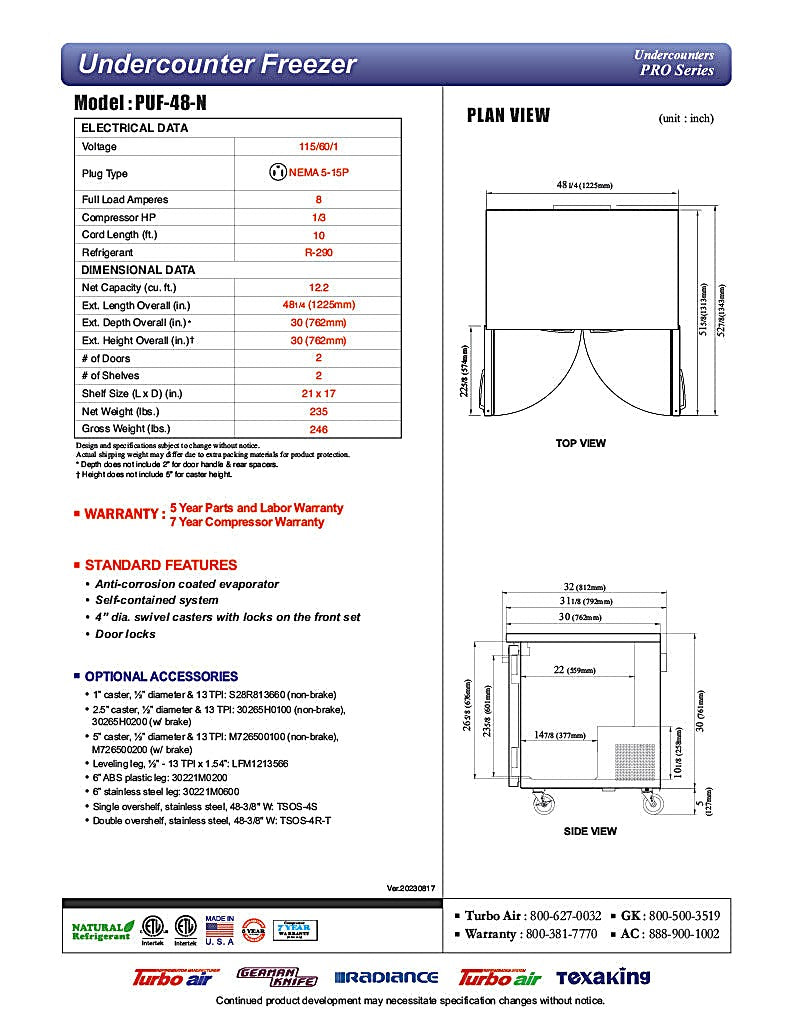 Turbo Air PUF-48-N 48 1/4" W Undercounter Freezer w/ 2 Sections & 2 Doors - Donut-Equipment.com