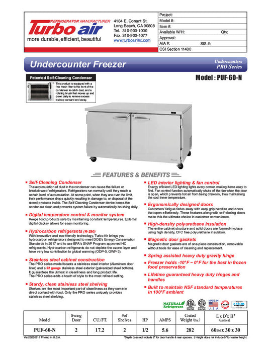 Turbo Air PUF-60-N 60 1/4" W Undercounter Freezer w/ 2 Sections & 2 Doors - Donut-Equipment.com