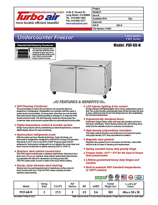 Turbo Air PUF-60-N 60 1/4" W Undercounter Freezer w/ 2 Sections & 2 Doors - Donut-Equipment.com