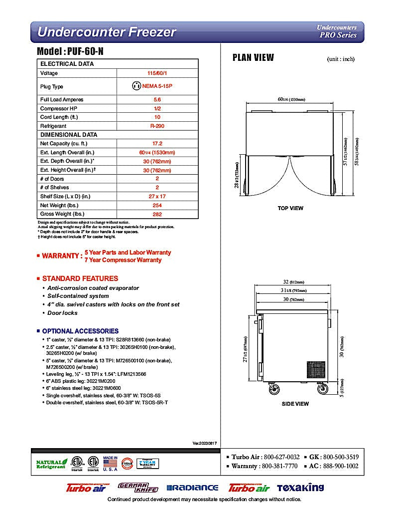 Turbo Air PUF-60-N 60 1/4" W Undercounter Freezer w/ 2 Sections & 2 Doors - Donut-Equipment.com