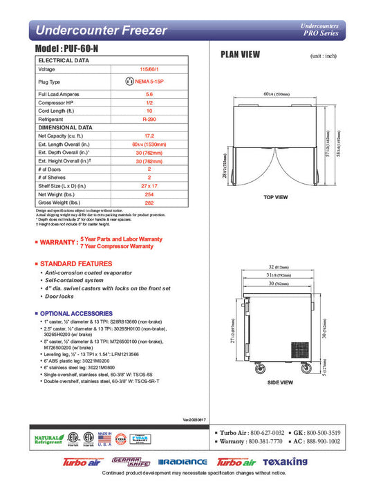 Turbo Air PUF-60-N 60 1/4" W Undercounter Freezer w/ 2 Sections & 2 Doors - Donut-Equipment.com