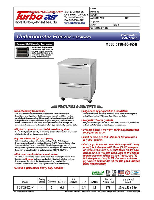 Turbo Air PUF-28-D2-N 27 1/2" W Undercounter Freezer w/ 1 Section & 2 Drawers - Donut-Equipment.com