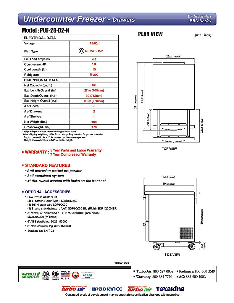 Turbo Air PUF-28-D2-N 27 1/2" W Undercounter Freezer w/ 1 Section & 2 Drawers - Donut-Equipment.com