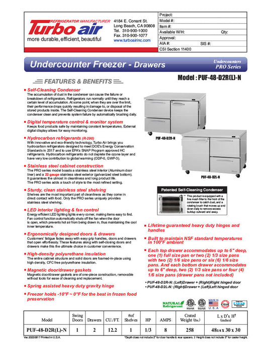 Turbo Air PUF-48-D2R-N 48 1/4" Undercounter Freezer w/ (2) Sections - (1) Door & (2) Drawers - Donut-Equipment.com