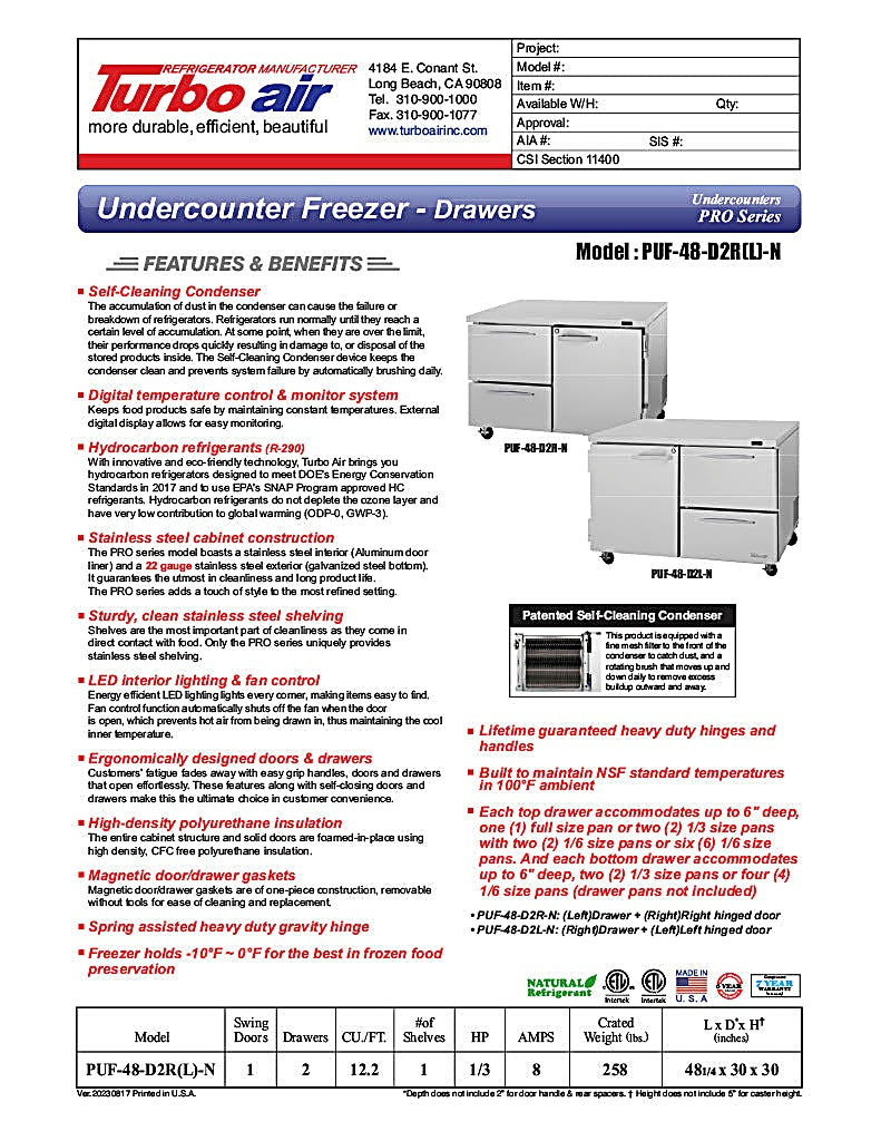 Turbo Air PUF-48-D2R-N 48 1/4" Undercounter Freezer w/ (2) Sections - (1) Door & (2) Drawers - Donut-Equipment.com