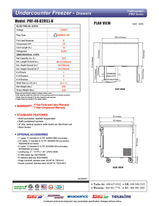 Turbo Air PUF-48-D2R-N 48 1/4" Undercounter Freezer w/ (2) Sections - (1) Door & (2) Drawers - Donut-Equipment.com