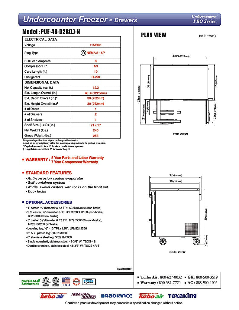 Turbo Air PUF-48-D2R-N 48 1/4" Undercounter Freezer w/ (2) Sections - (1) Door & (2) Drawers - Donut-Equipment.com