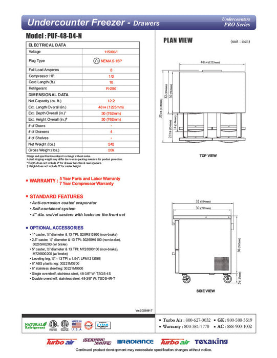 Turbo Air PUF-48-D4-N 48 1/4" W Undercounter Freezer w/ (2) Sections & (4) Drawers - Donut-Equipment.com