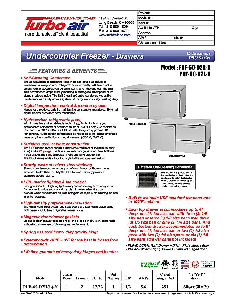 Turbo Air PUF-60-D2R-N 60 1/4" W Undercounter Freezer w/ 2 Sections, 1 Door & 2 Drawers - Donut-Equipment.com
