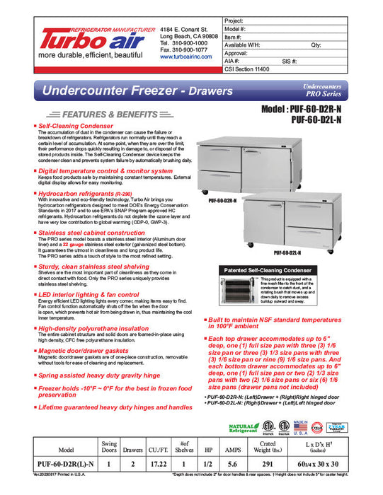 Turbo Air PUF-60-D2R-N 60 1/4" W Undercounter Freezer w/ 2 Sections, 1 Door & 2 Drawers - Donut-Equipment.com
