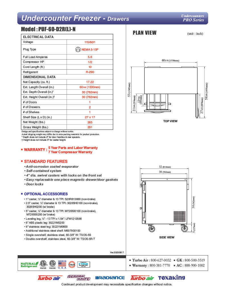 Turbo Air PUF-60-D2R-N 60 1/4" W Undercounter Freezer w/ 2 Sections, 1 Door & 2 Drawers - Donut-Equipment.com