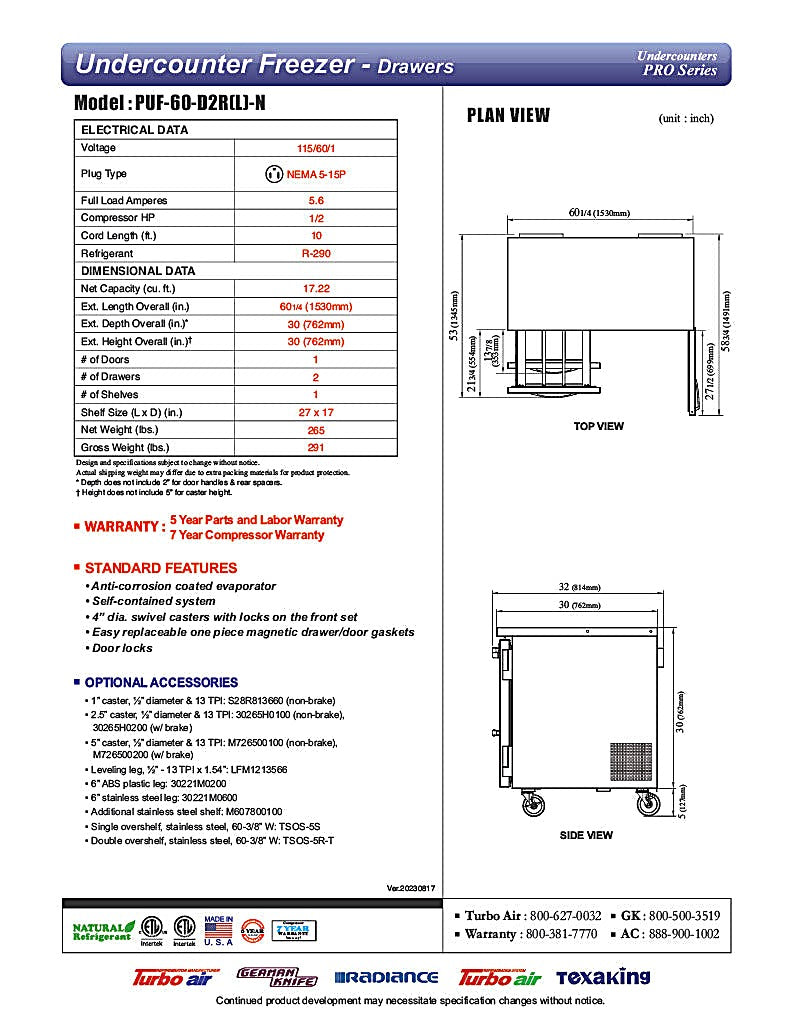 Turbo Air PUF-60-D2R-N 60 1/4" W Undercounter Freezer w/ 2 Sections, 1 Door & 2 Drawers - Donut-Equipment.com