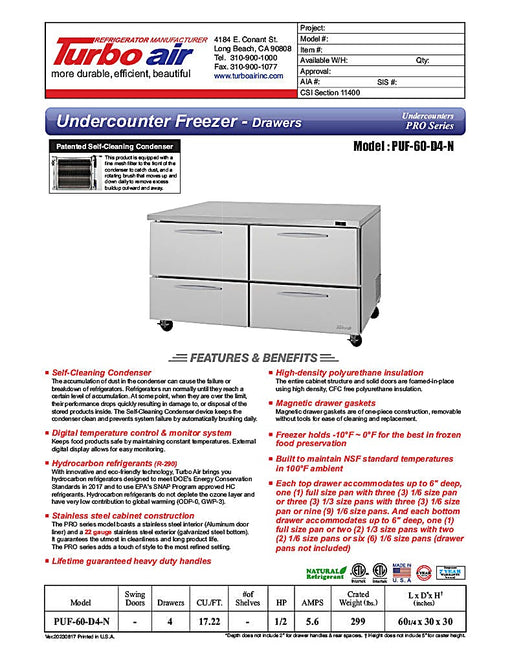 Turbo Air PUF-60-D4-N 60 1/4" W Undercounter Freezer w/ 2 Sections & 4 Drawers - Donut-Equipment.com