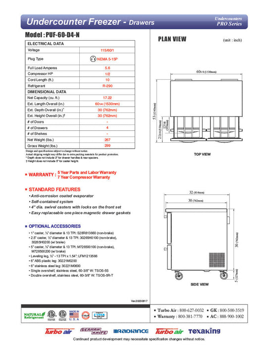 Turbo Air PUF-60-D4-N 60 1/4" W Undercounter Freezer w/ 2 Sections & 4 Drawers - Donut-Equipment.com