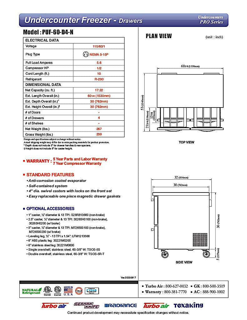 Turbo Air PUF-60-D4-N 60 1/4" W Undercounter Freezer w/ 2 Sections & 4 Drawers - Donut-Equipment.com