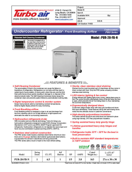 Turbo Air PUR-28-FB-N 27 1/2" W Undercounter Refrigerator w/ 1 Section Front Breathing - Donut-Equipment.com