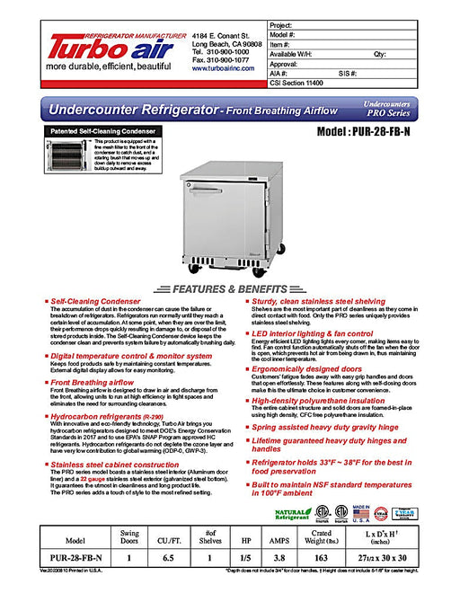 Turbo Air PUR-28-FB-N 27 1/2" W Undercounter Refrigerator w/ 1 Section Front Breathing - Donut-Equipment.com