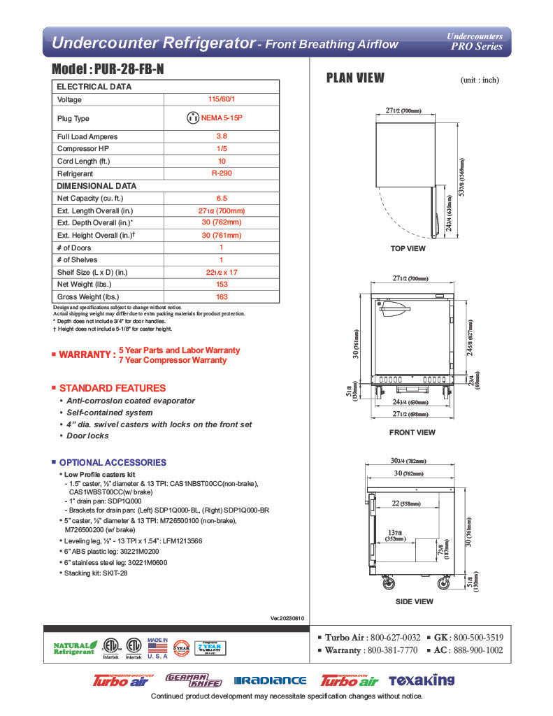 Turbo Air PUR-28-FB-N 27 1/2" W Undercounter Refrigerator w/ 1 Section Front Breathing - Donut-Equipment.com