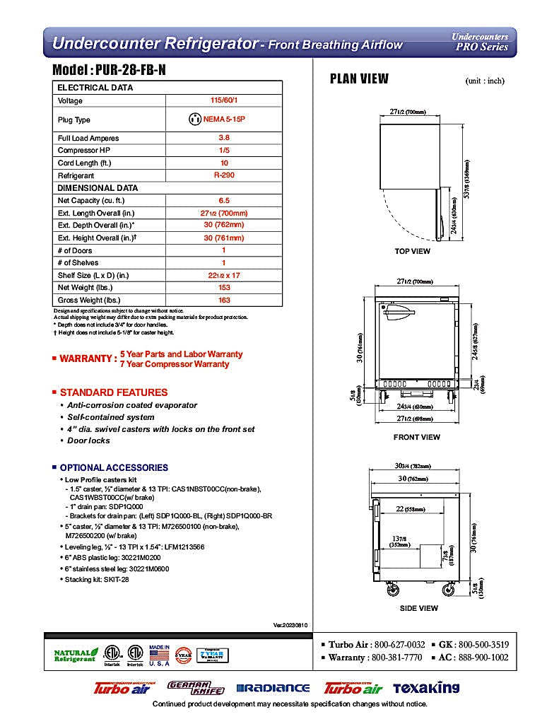 Turbo Air PUR-28-FB-N 27 1/2" W Undercounter Refrigerator w/ 1 Section Front Breathing - Donut-Equipment.com
