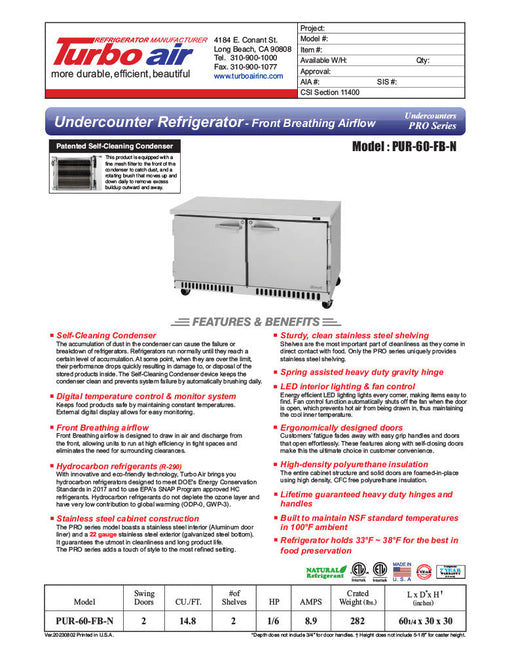 Turbo Air PUR-60-FB-N 60 1/4" W Undercounter Refrigerator w/ 2 Section & 2 Doors, Front Breathing - Donut-Equipment.com