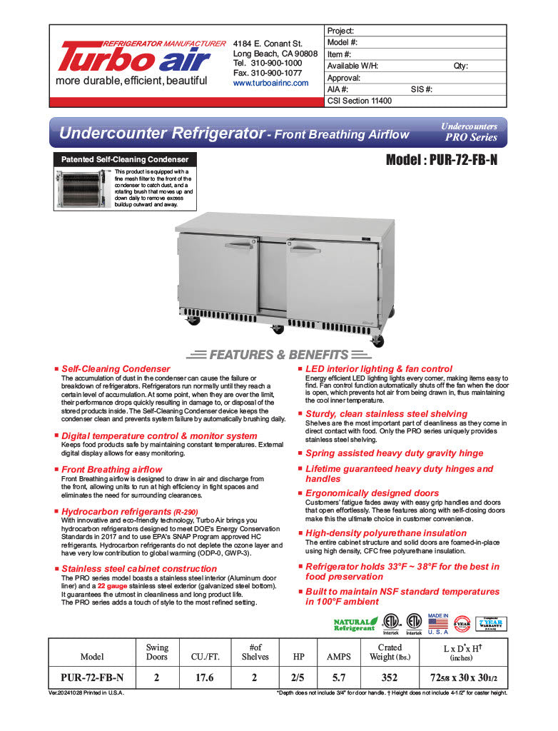 Turbo Air PUR-72-FB-N 70 5/8" W Undercounter Refrigerator w/ 2 Section & 2 Doors, Front Breathing - Donut-Equipment.com