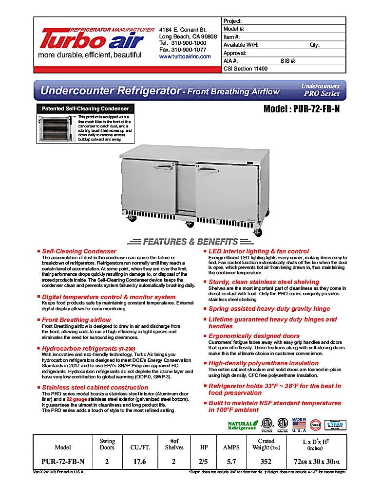 Turbo Air PUR-72-FB-N 70 5/8" W Undercounter Refrigerator w/ 2 Section & 2 Doors, Front Breathing - Donut-Equipment.com