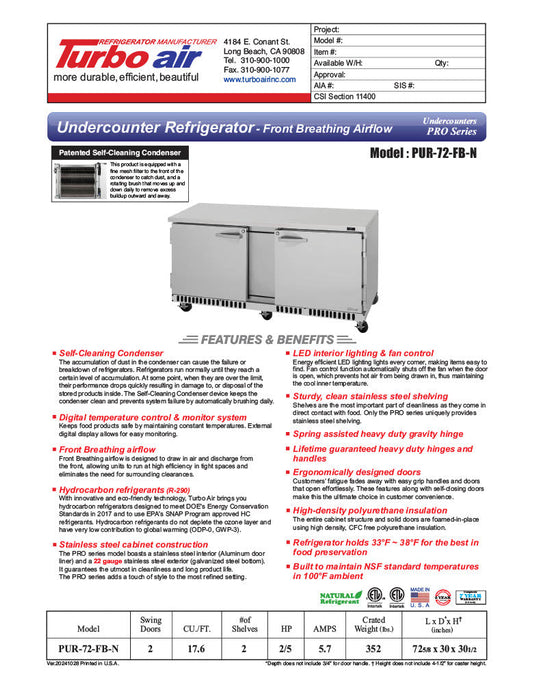 Turbo Air PUR-72-FB-N 70 5/8" W Undercounter Refrigerator w/ 2 Section & 2 Doors, Front Breathing - Donut-Equipment.com