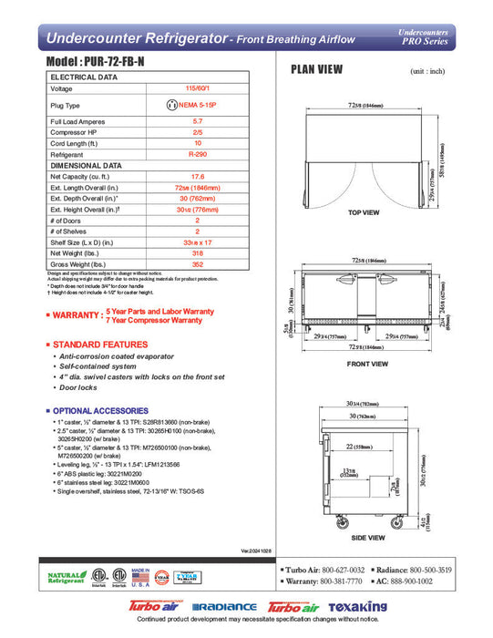 Turbo Air PUR-72-FB-N 70 5/8" W Undercounter Refrigerator w/ 2 Section & 2 Doors, Front Breathing - Donut-Equipment.com