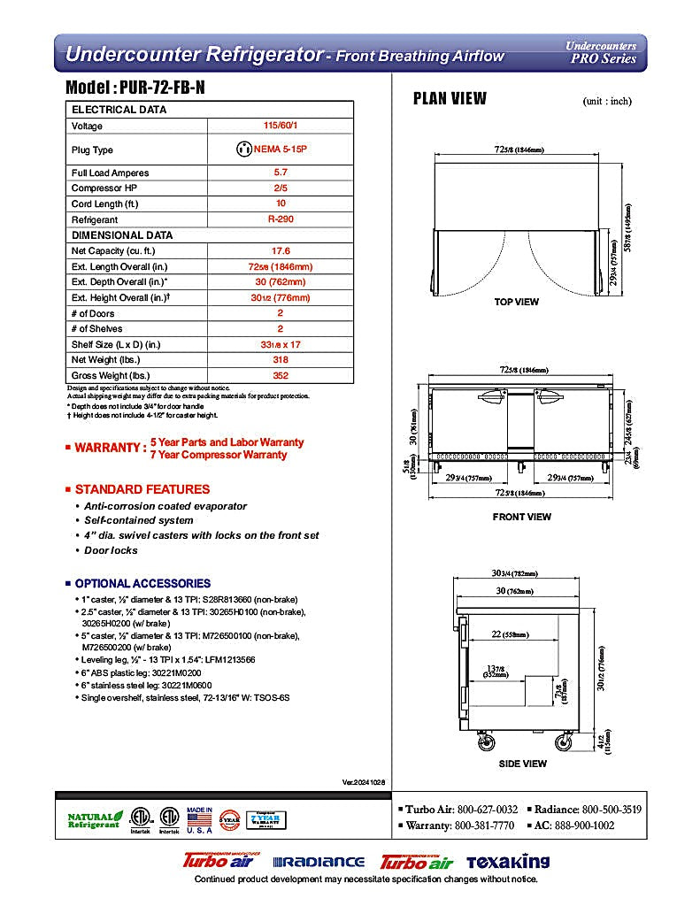 Turbo Air PUR-72-FB-N 70 5/8" W Undercounter Refrigerator w/ 2 Section & 2 Doors, Front Breathing - Donut-Equipment.com