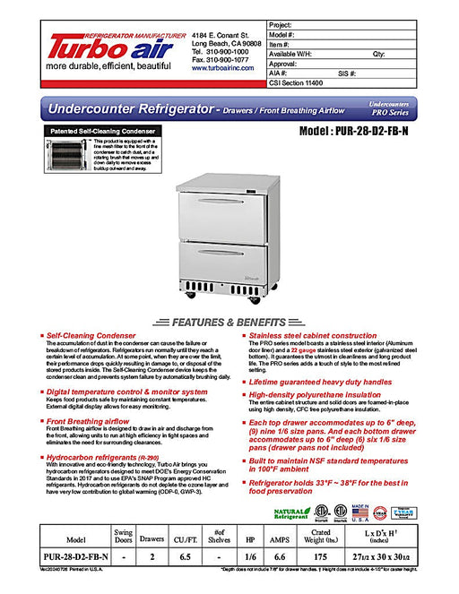 Turbo Air PUR-28-D2-FB-N 27 1/2" W Undercounter Refrigerator w/ 1 Section & 2 Drawers, Front Breathing - Donut-Equipment.com