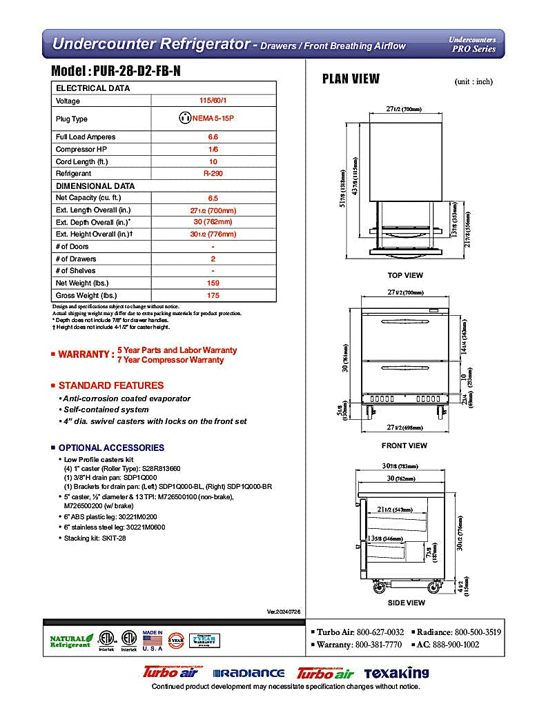 Turbo Air PUR-28-D2-FB-N 27 1/2" W Undercounter Refrigerator w/ 1 Section & 2 Drawers, Front Breathing - Donut-Equipment.com