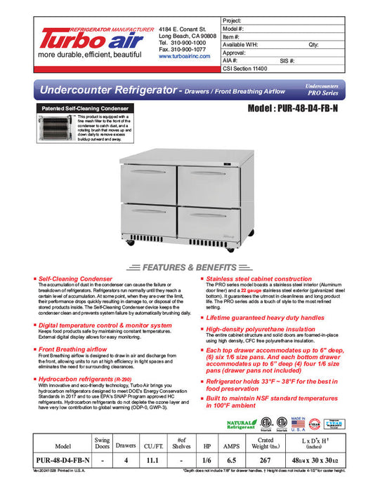 Turbo Air PUR-48-D4-FB-N 48 1/4" W Undercounter Refrigerator w/ (2) Section & (4) Drawers, Front Breathing - Donut-Equipment.com