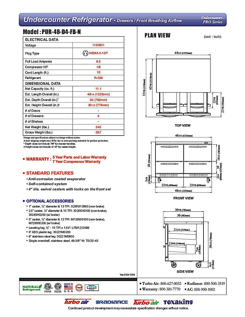 Turbo Air PUR-48-D4-FB-N 48 1/4" W Undercounter Refrigerator w/ (2) Section & (4) Drawers, Front Breathing - Donut-Equipment.com