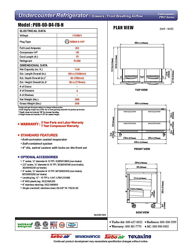 Turbo Air PUR-60-D4-FB-N 60 1/4" W Undercounter Refrigerator w/ 2 Section & 4 Drawers, Front Breathing - Donut-Equipment.com