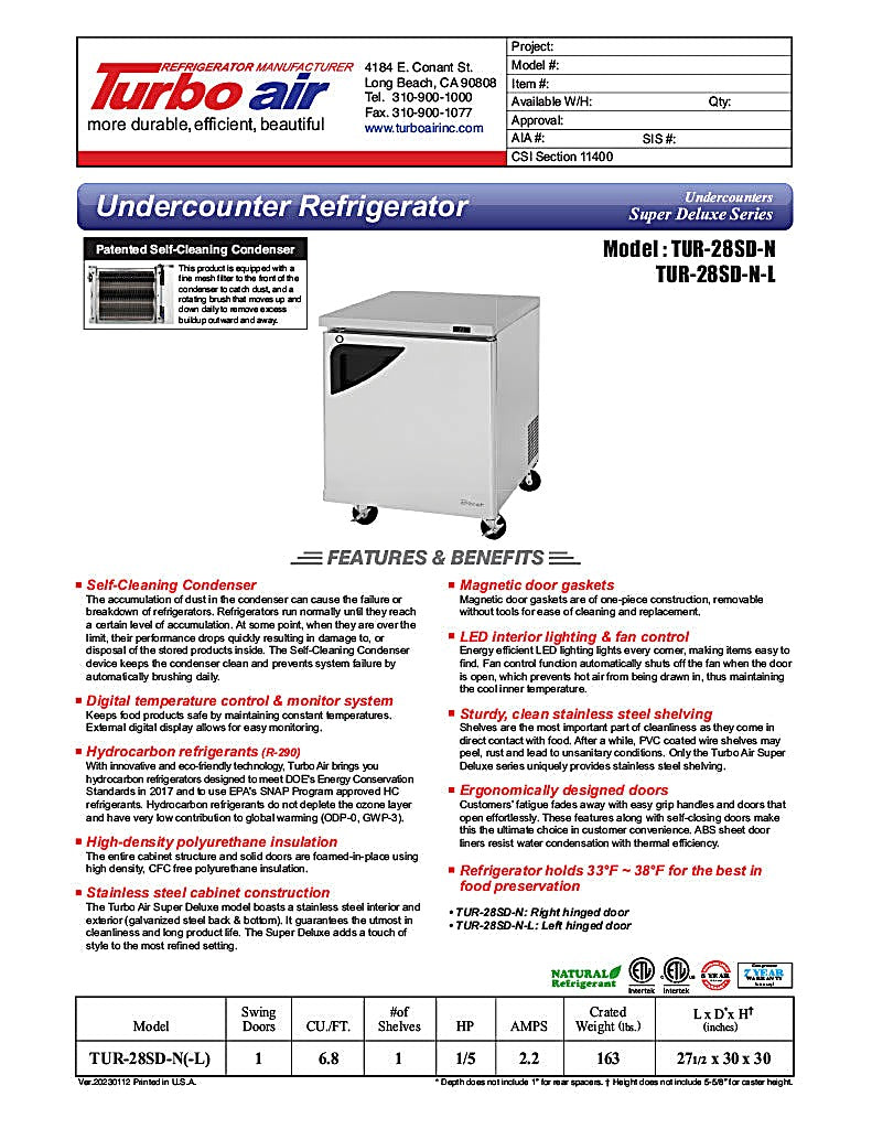 Turbo Air TUR-28SD-N 27 1/2" W Undercounter Refrigerator w/ 1 Section & 1 Door - Donut-Equipment.com