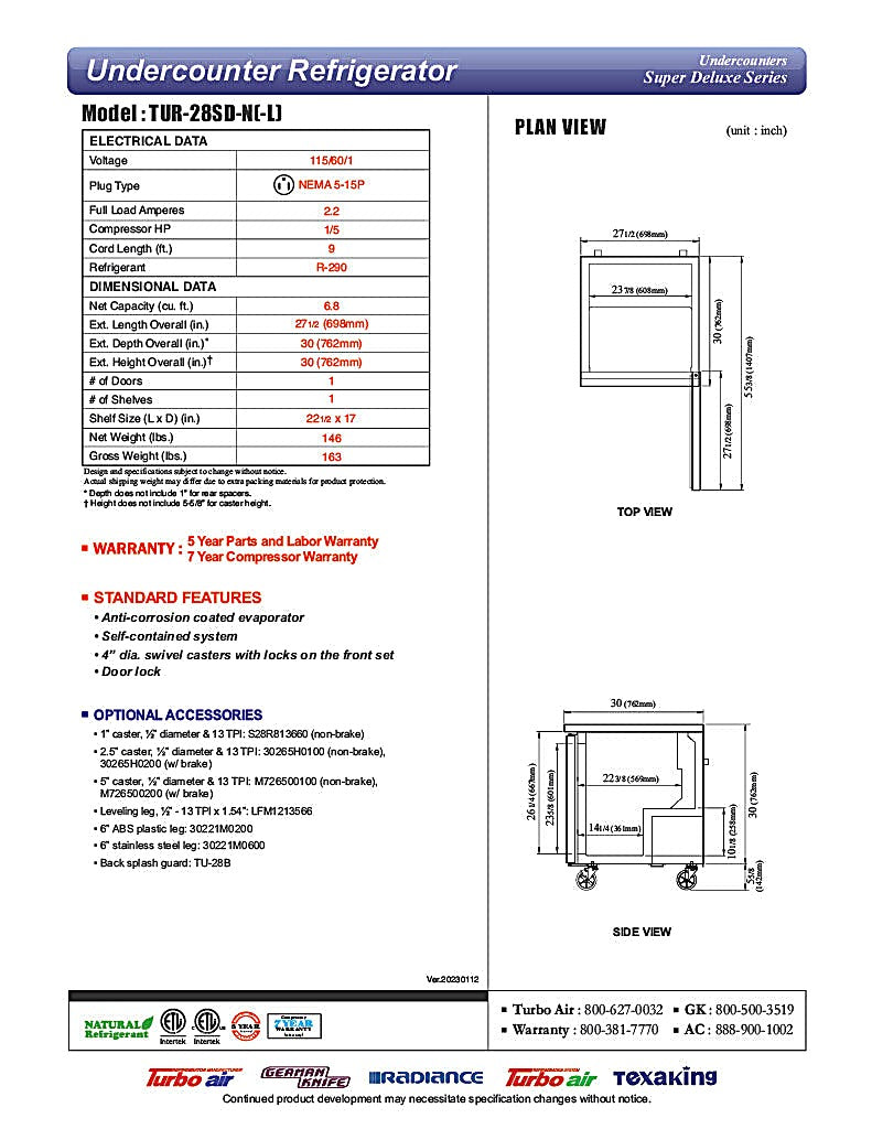 Turbo Air TUR-28SD-N 27 1/2" W Undercounter Refrigerator w/ 1 Section & 1 Door - Donut-Equipment.com