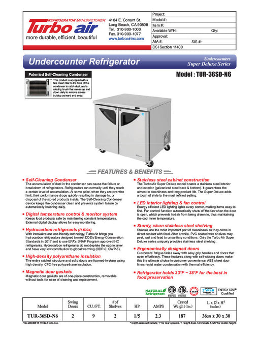 Turbo Air TUR-36SD-N6 36 1/4" W Undercounter Refrigerator w/ 2 Sections & 2 Doors - Donut-Equipment.com