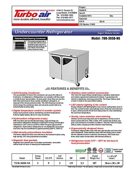 Turbo Air TUR-36SD-N6 36 1/4" W Undercounter Refrigerator w/ 2 Sections & 2 Doors - Donut-Equipment.com