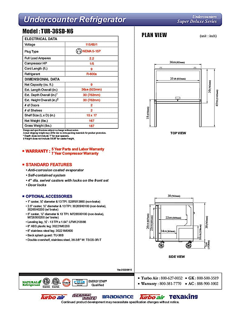 Turbo Air TUR-36SD-N6 36 1/4" W Undercounter Refrigerator w/ 2 Sections & 2 Doors - Donut-Equipment.com