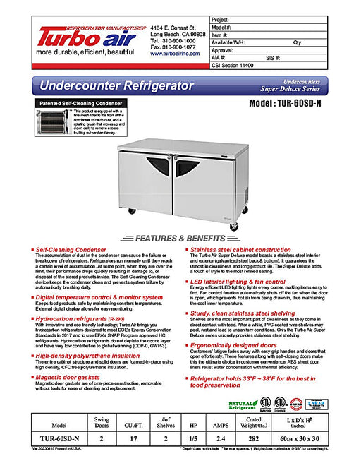 Turbo Air TUR-60SD-N 60 1/4" W Undercounter Refrigerator w/ 2 Section & 2 Doors - Donut-Equipment.com