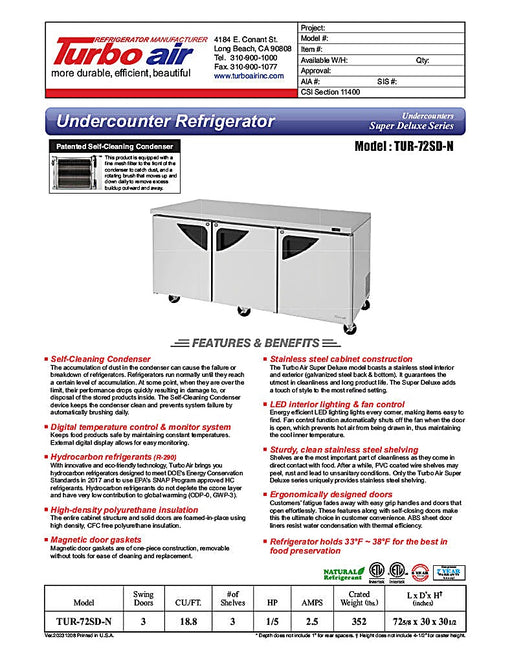 Turbo Air TUR-72SD-N 72 5/8" W Undercounter Refrigerator w/ 3 Section & 3 Doors - Donut-Equipment.com