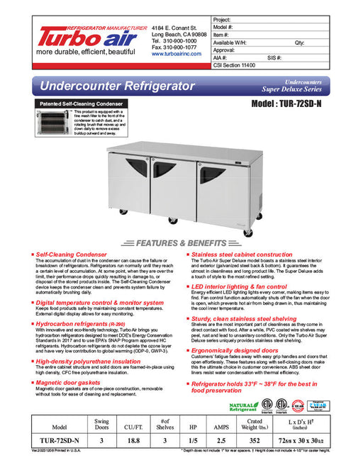 Turbo Air TUR-72SD-N 72 5/8" W Undercounter Refrigerator w/ 3 Section & 3 Doors - Donut-Equipment.com