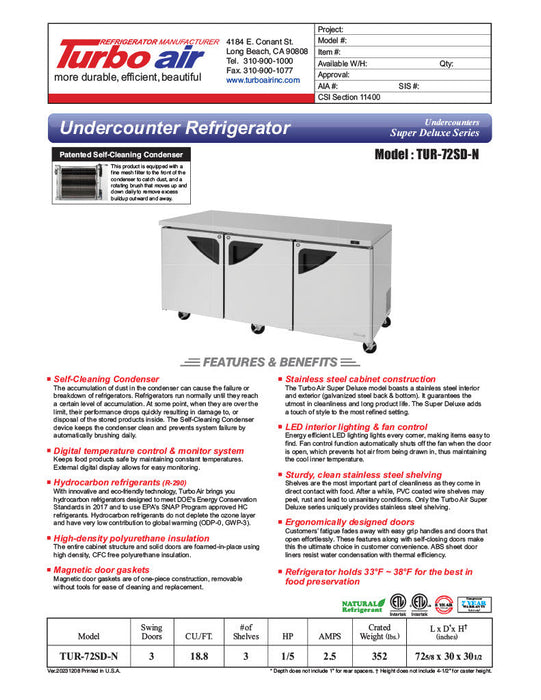 Turbo Air TUR-72SD-N 72 5/8" W Undercounter Refrigerator w/ 3 Section & 3 Doors - Donut-Equipment.com