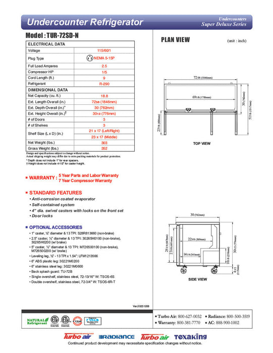 Turbo Air TUR-72SD-N 72 5/8" W Undercounter Refrigerator w/ 3 Section & 3 Doors - Donut-Equipment.com